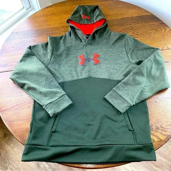 UNDER ARMOUR Men's Loose Fit Olive Green Hoodie With Orange Chest Logo Sz Md/M - Picture 3 of 11